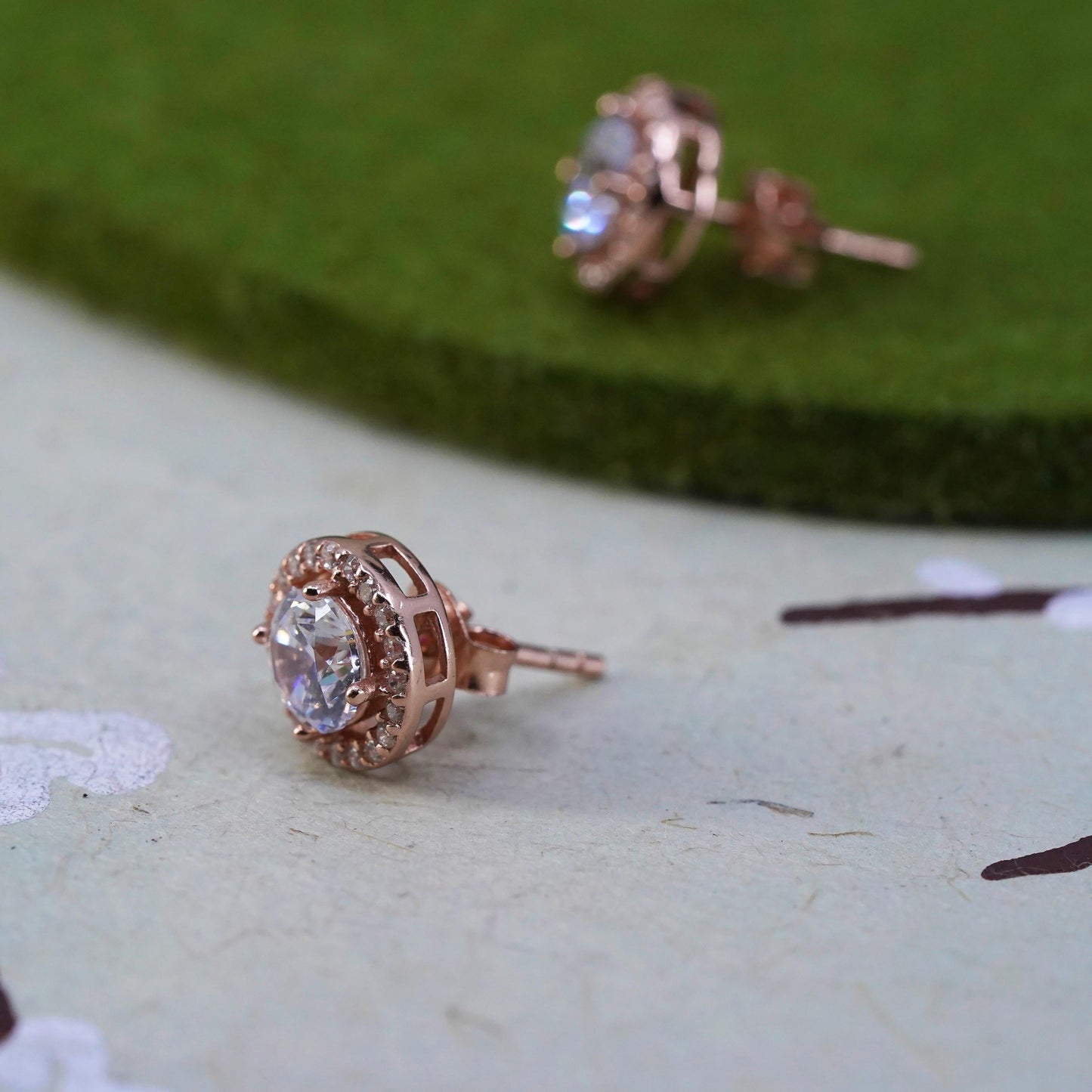 Vintage rose gold over sterling 925 silver circle cz studs, minimalist earrings