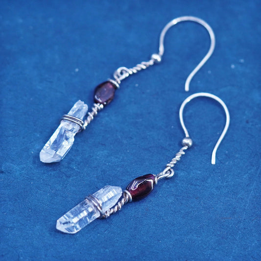 Vintage sterling 925 silver handmade earrings, clear healing crystal w/ garnet