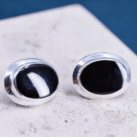 Vintage Mexican sterling silver handmade earrings, 925 oval studs with onyx