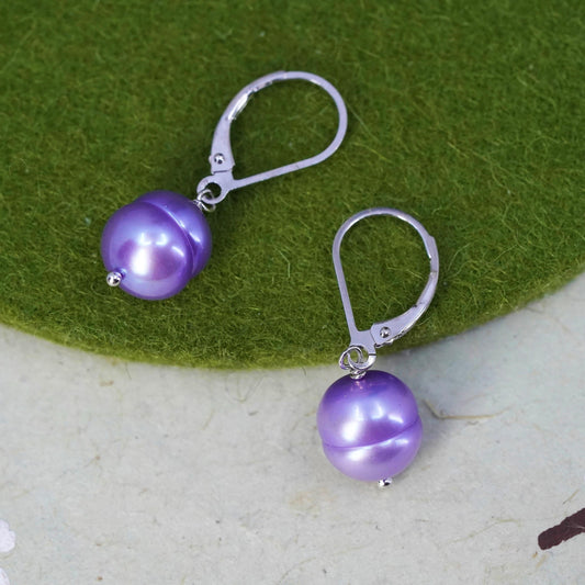 Vintage Sterling silver handmade earrings, 925 hooks with purple pearl drops