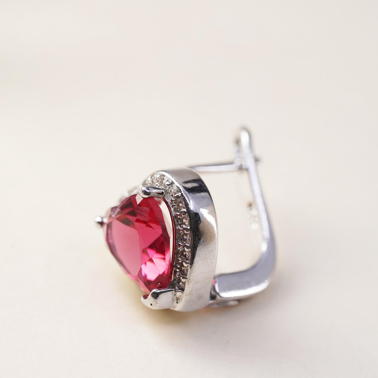 Vintage Sterling 925 silver handmade heart stud w/ ruby and cz, single earring