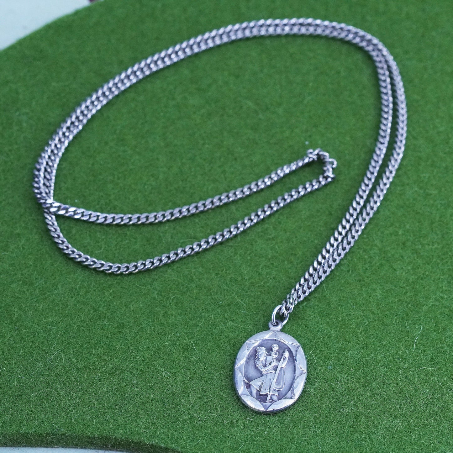 24”, sterling oval, 925 silver necklace pendant Saint Christopher protect us