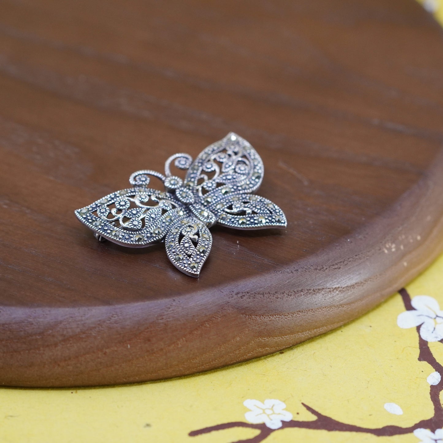 vtg antique Art Deco handmade sterling silver butterfly brooch with marcasite