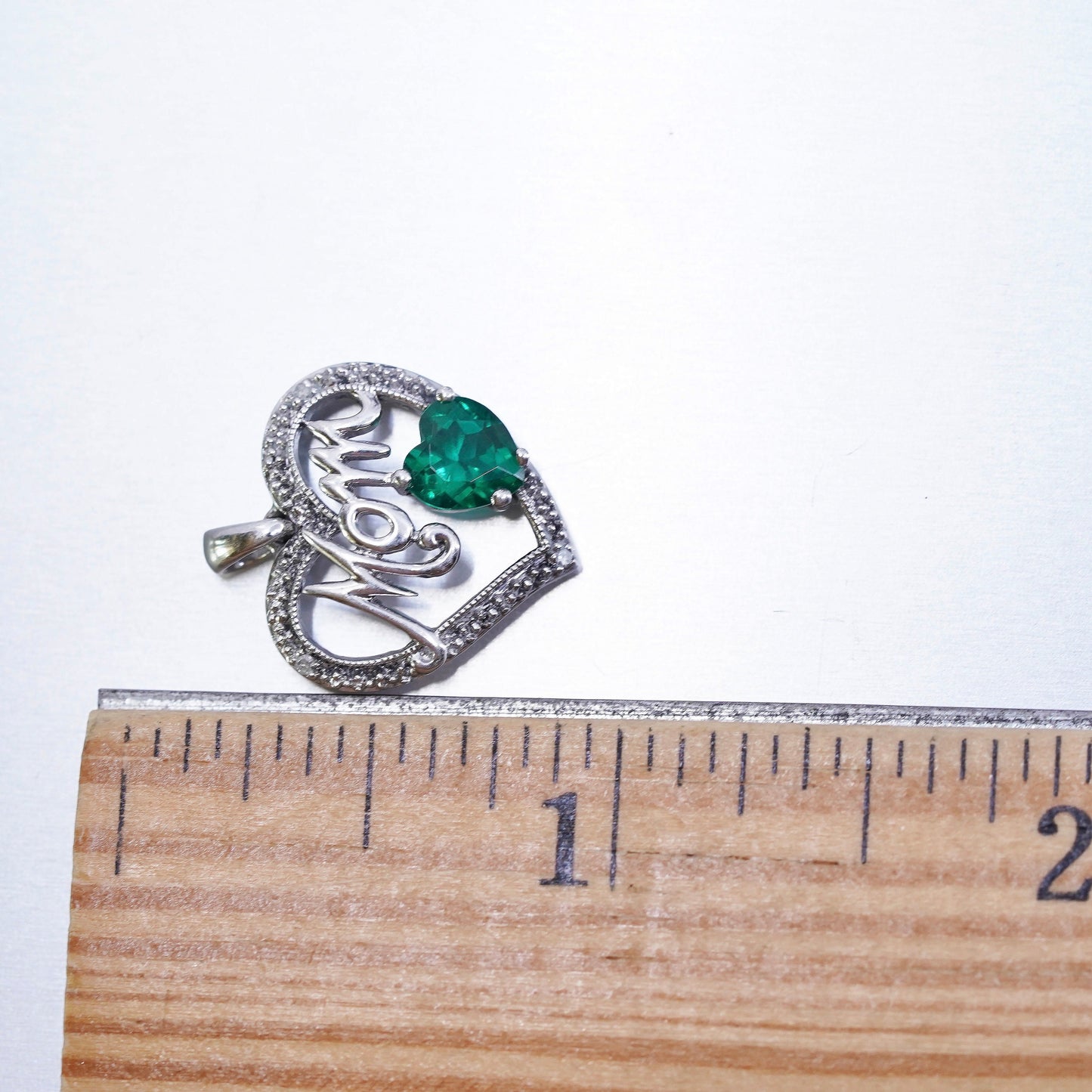 vintage Sterling silver charm, 925 heart “Mom” pendant with emerald diamonds