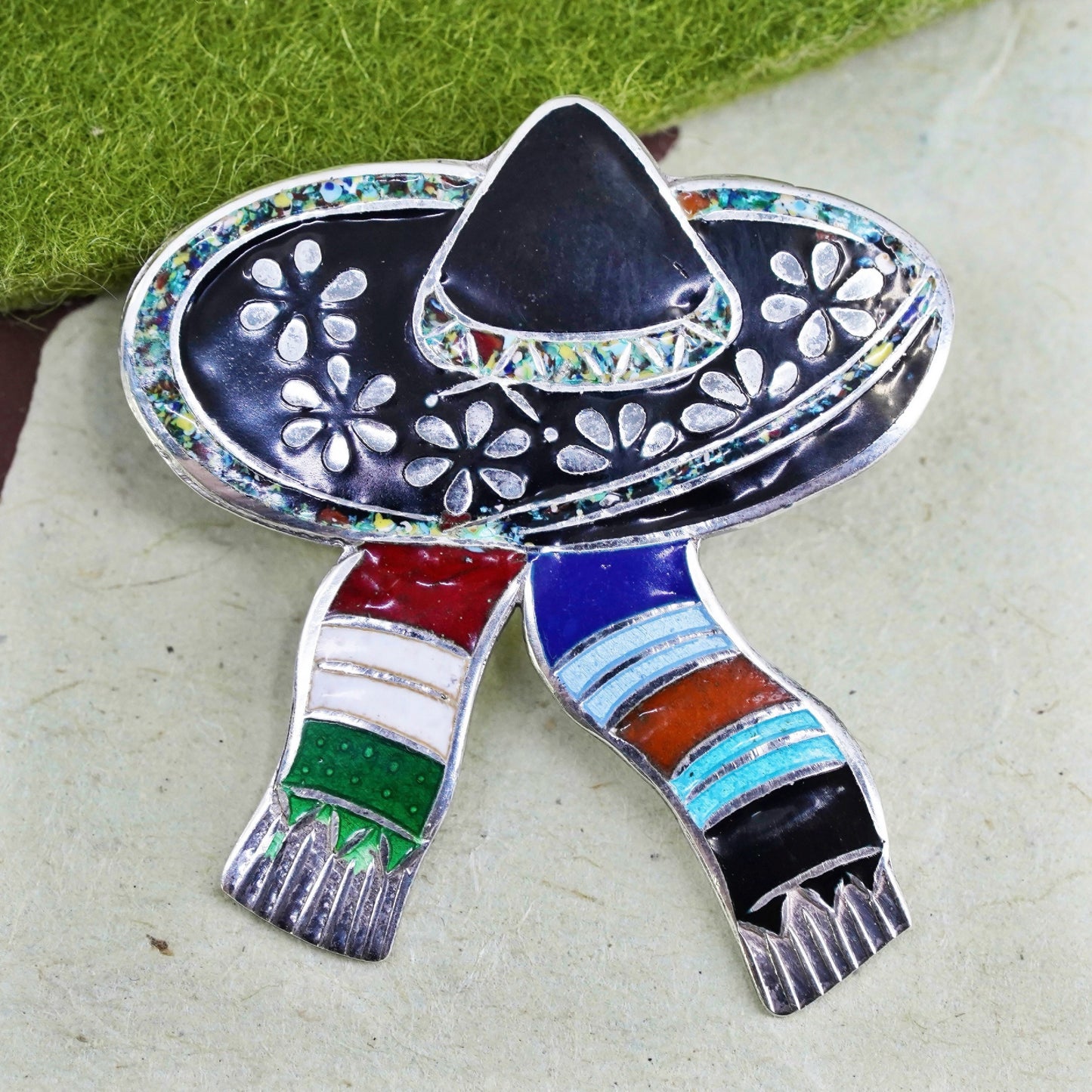 Vintage Mexican Miguel Arias Sterling 925 Silver & Enameled hat Pin, Brooch