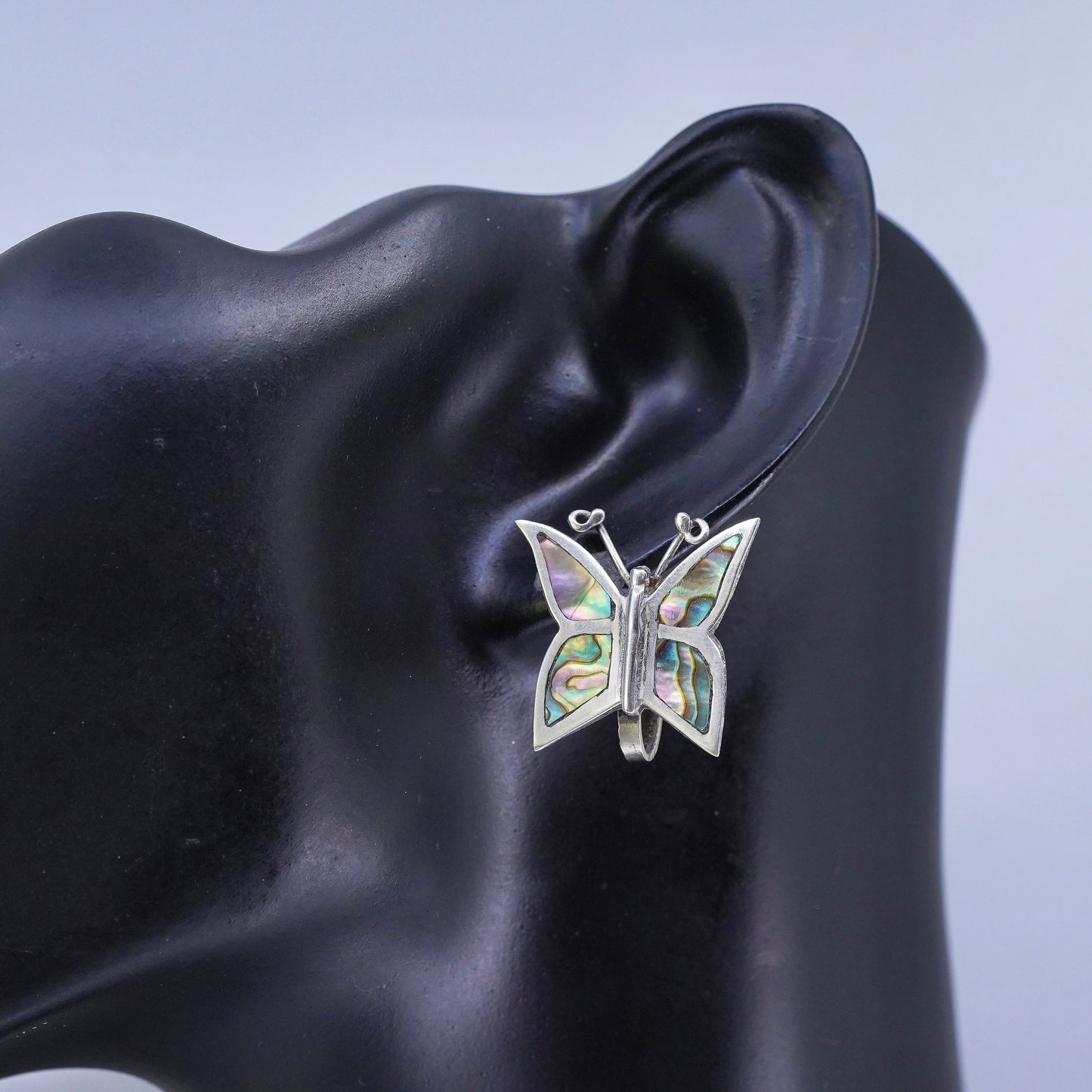 Vintage Sterling 925 silver handmade earrings, butterfly screw back w/ abalone