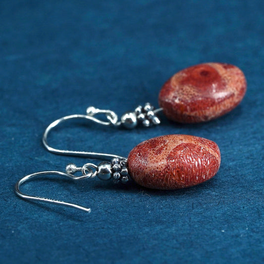 Sterling silver handmade earrings, 925 hooks with natural red coral dangles