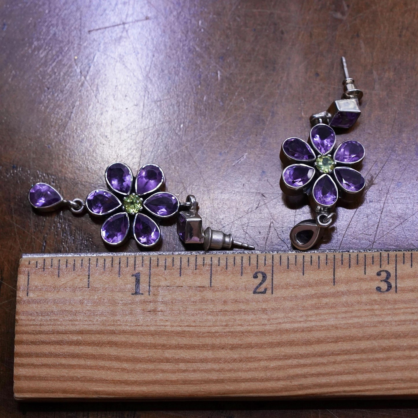 Vintage sterling 925 silver flower earrings with peridot and amethyst, earrings