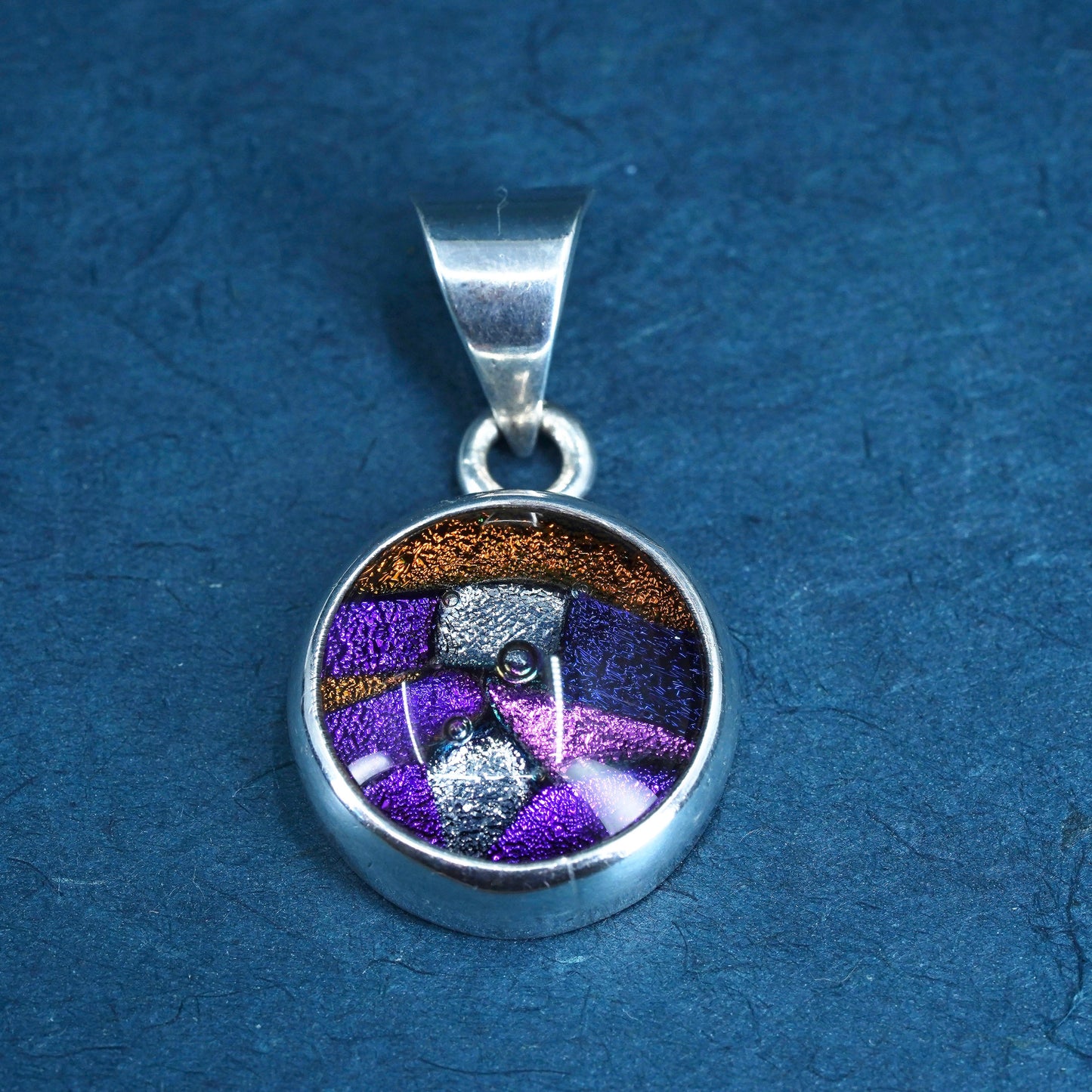 Vintage sterling 925 silver handmade circle pendant with dichroic foiled glass