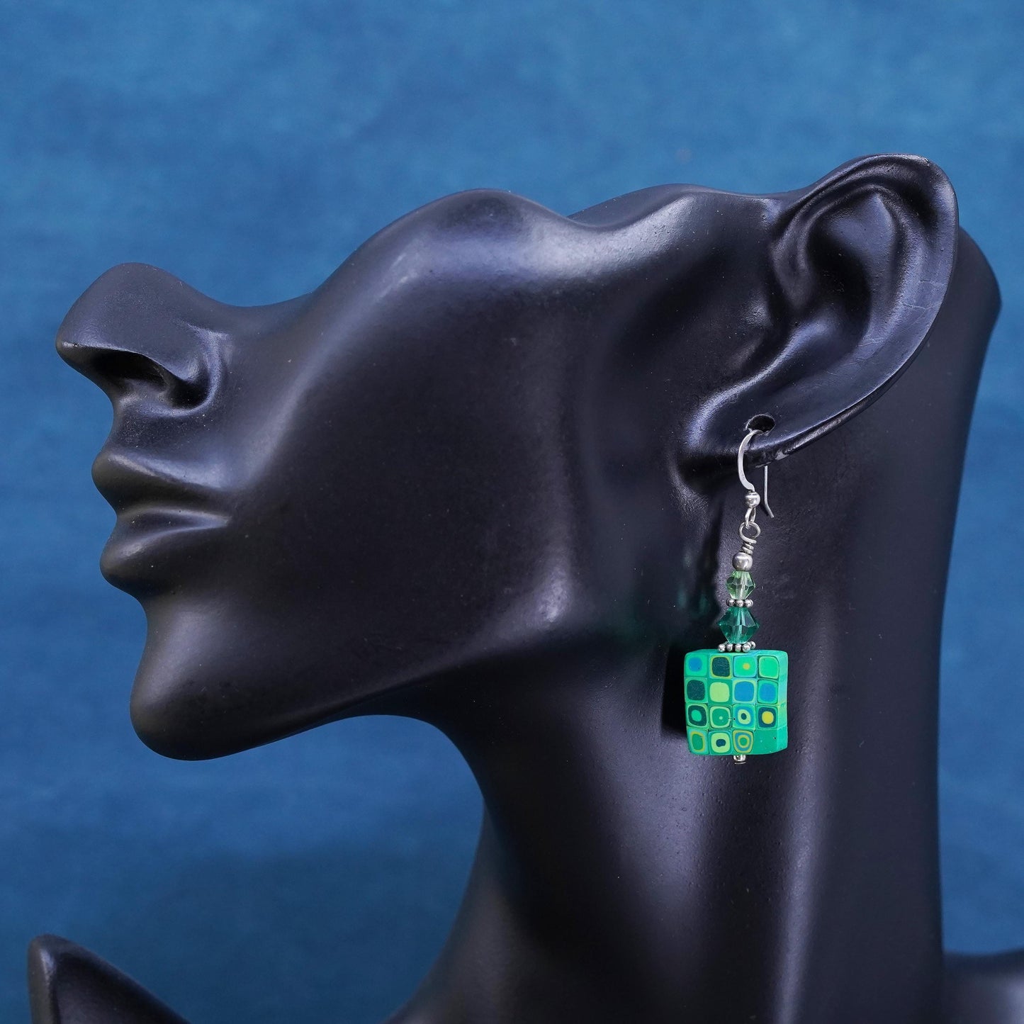 Vintage sterling 925 silver earrings with green square dangles