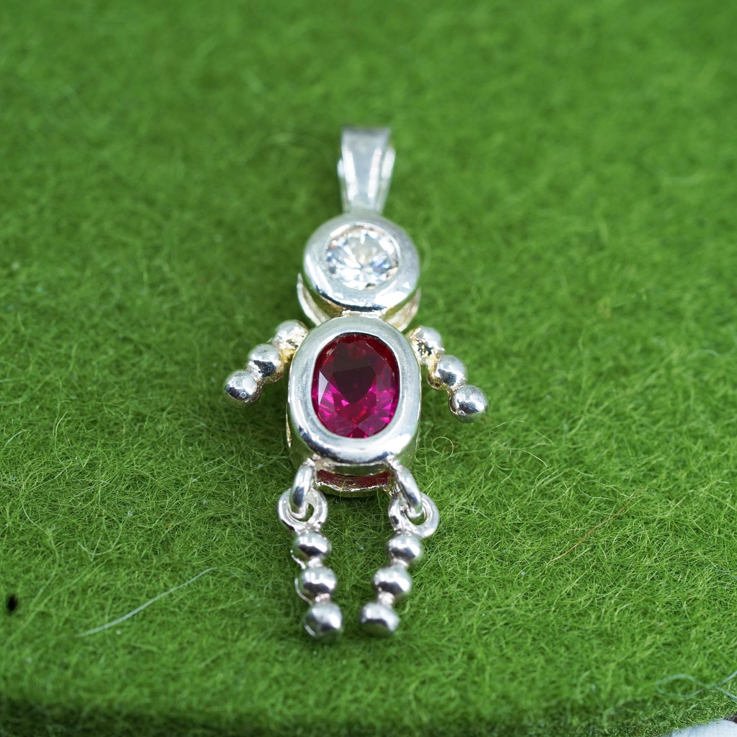 Vintage sterling 925 silver birthstone pendant boy figure charm with ruby