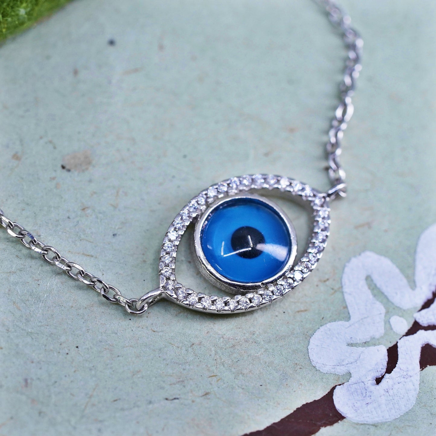 6.75+1”, handmade sterling 925 silver bracelet, blue glass evil eye with Cz