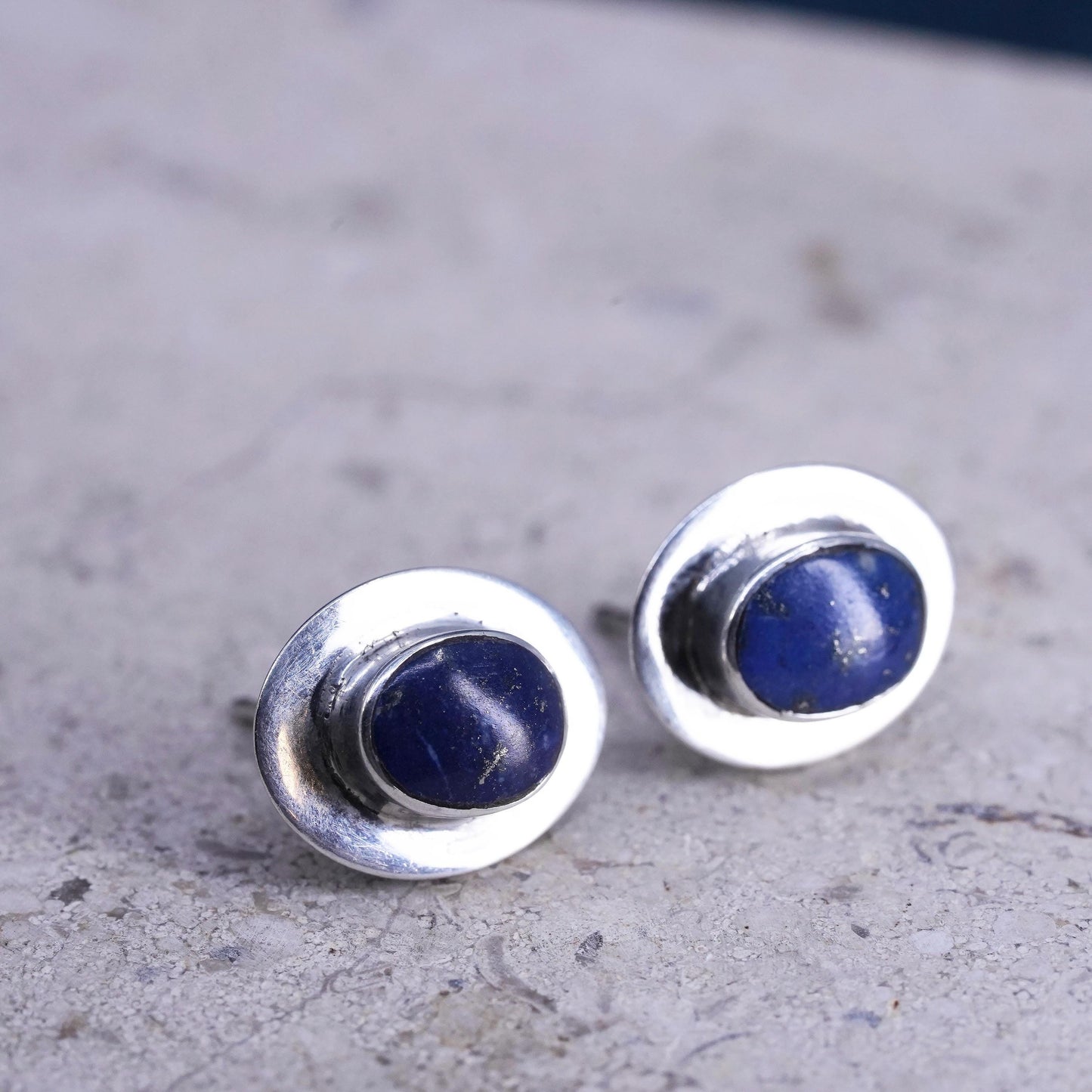 Vintage sterling silver handmade earrings, 925 oval studs lapis lazuli cable