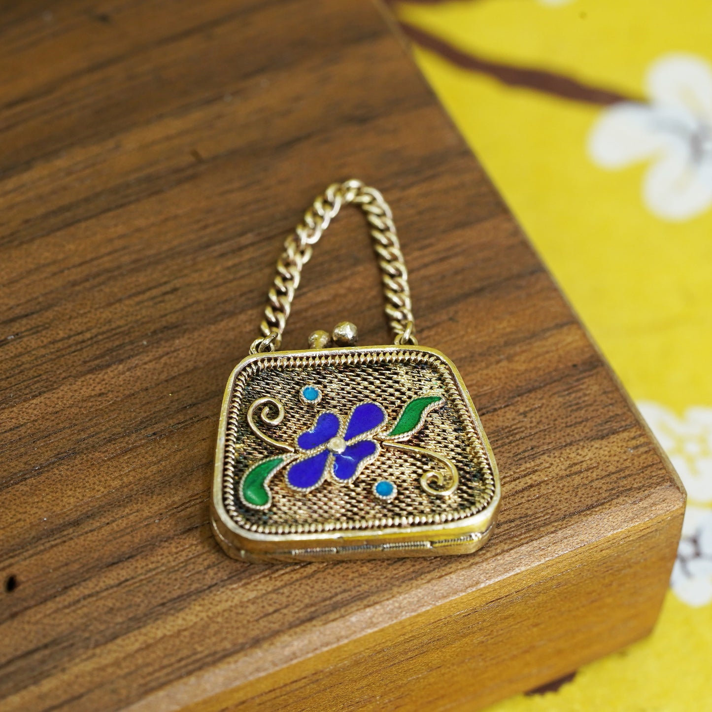 vermeil gold over Sterling 925 silver filigree handbag pendant enamel flower