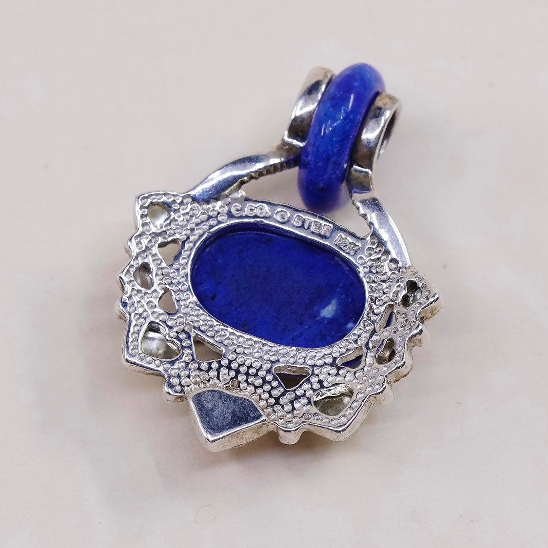 VTG 12K leaves W sterling silver handmade pendant, 925 with Lapis Lazuli N