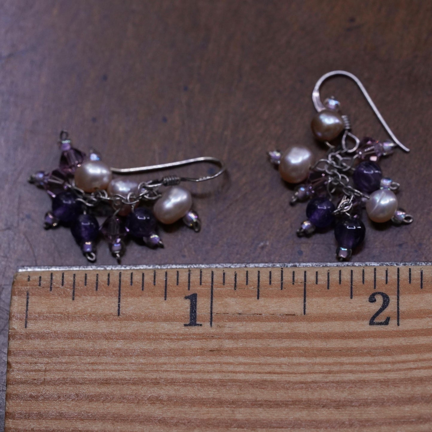 Vintage sterling 925 silver handmade earrings with cluster pearl amethyst beads