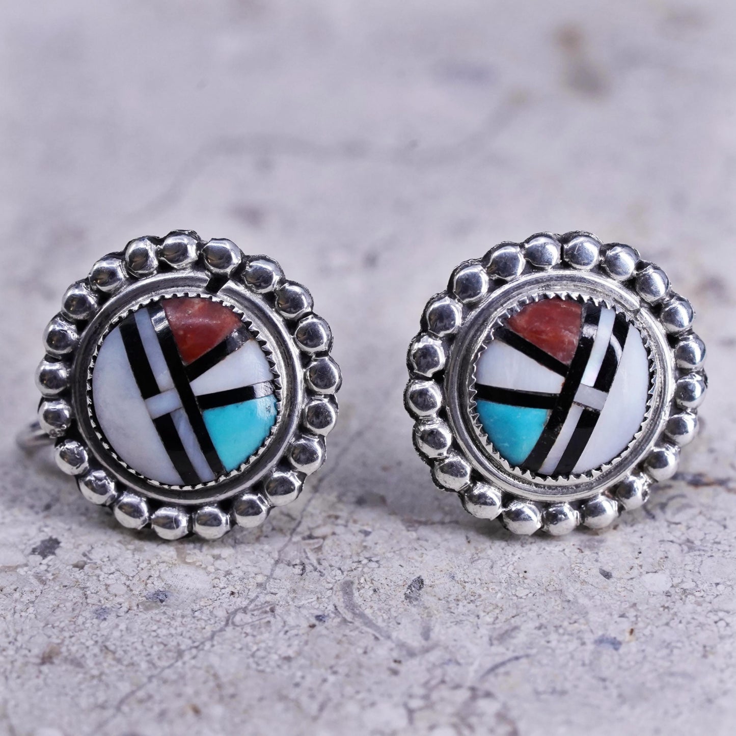 sterling silver earrings, Zuni Sunface 925 screw back mother of pearl turquoise