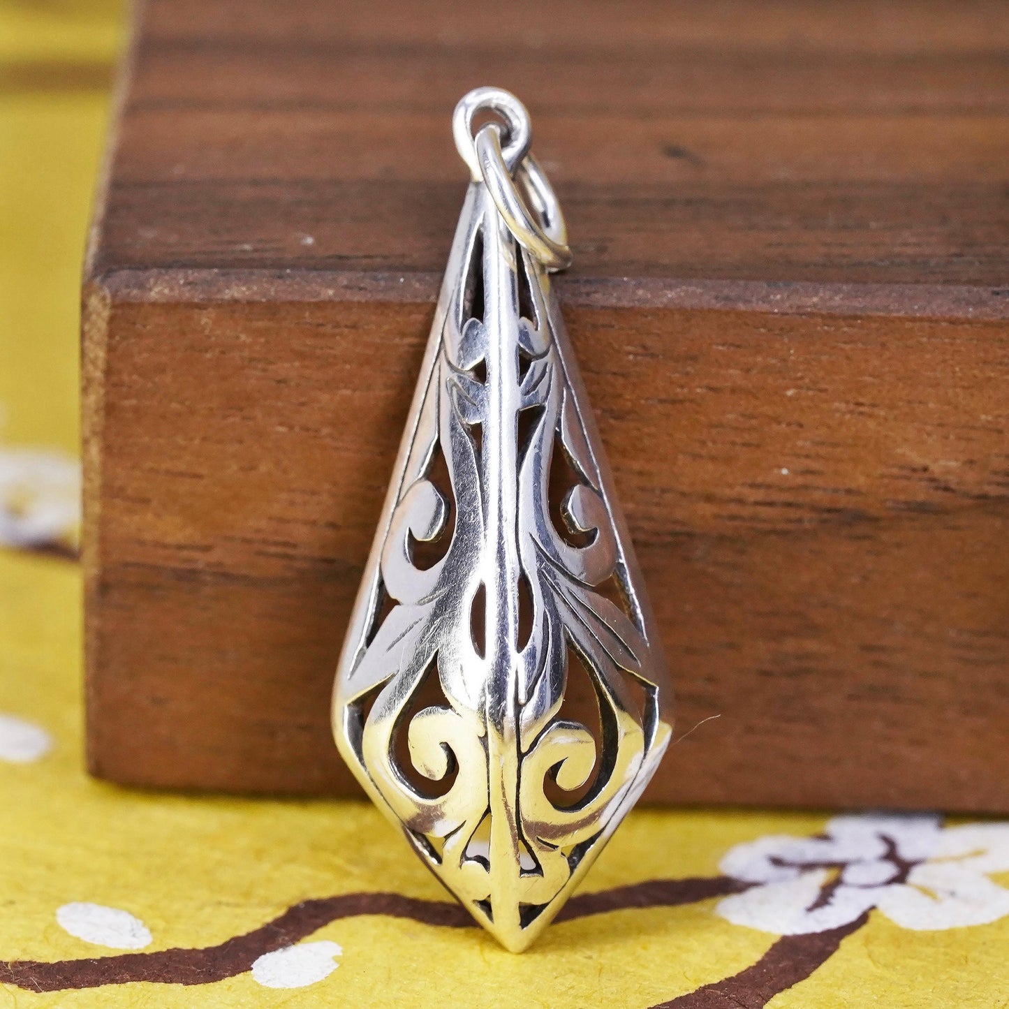 Vintage Sterling silver handmade pendant, filigree teardrop 925 charm