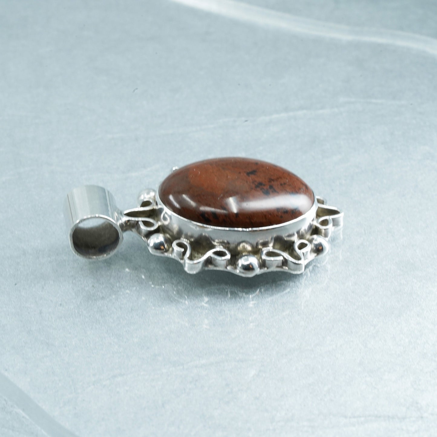 Vintage Mexican sterling 925 silver handmade pendant with oval jasper and beads