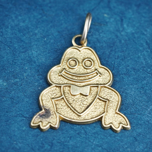 Vintage brass handmade pendant, yellow tone frog charm