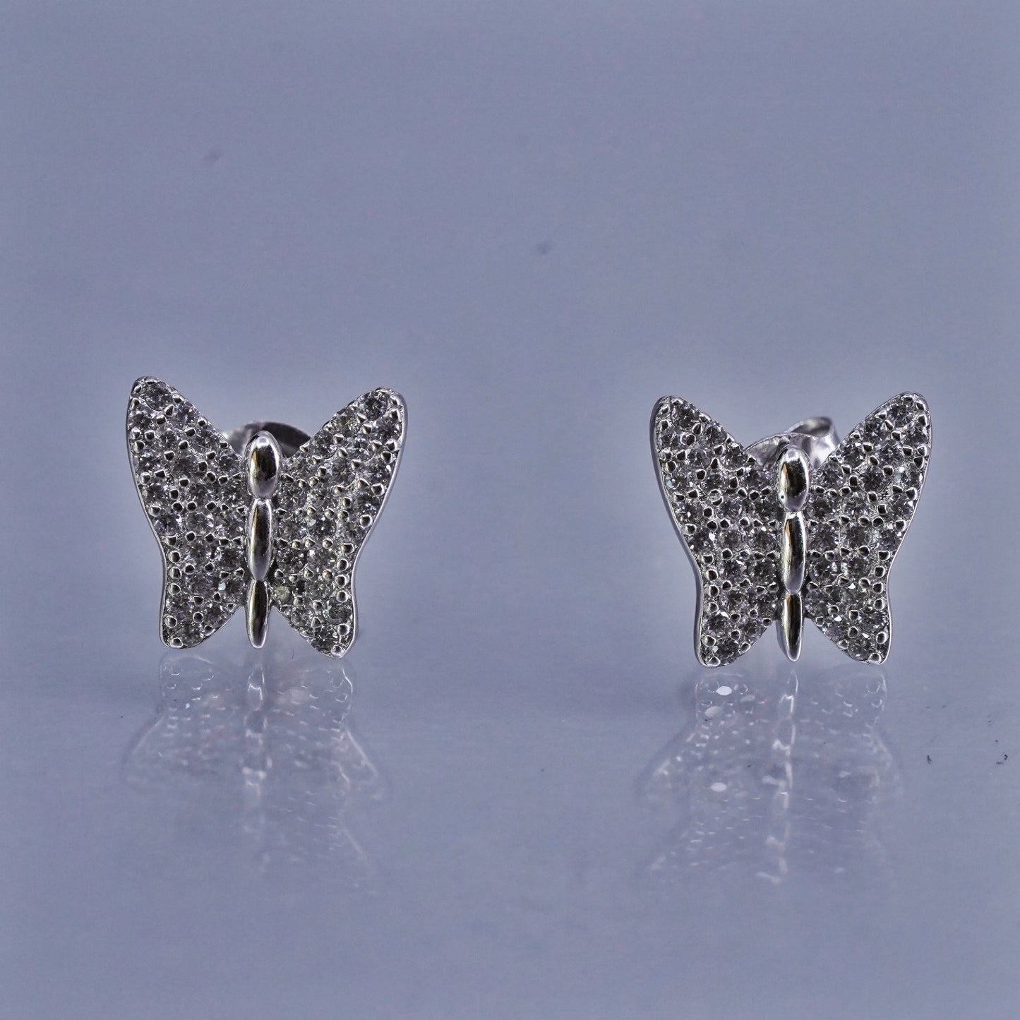 Vintage Sterling 925 silver handmade earrings, butterfly studs with cluster Cz