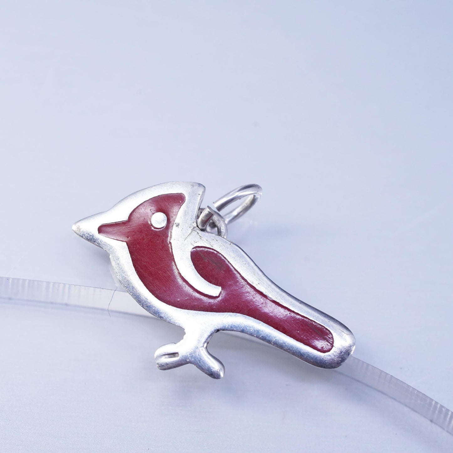 Vintage Sterling silver 925 handmade bird pendant, red bird charm