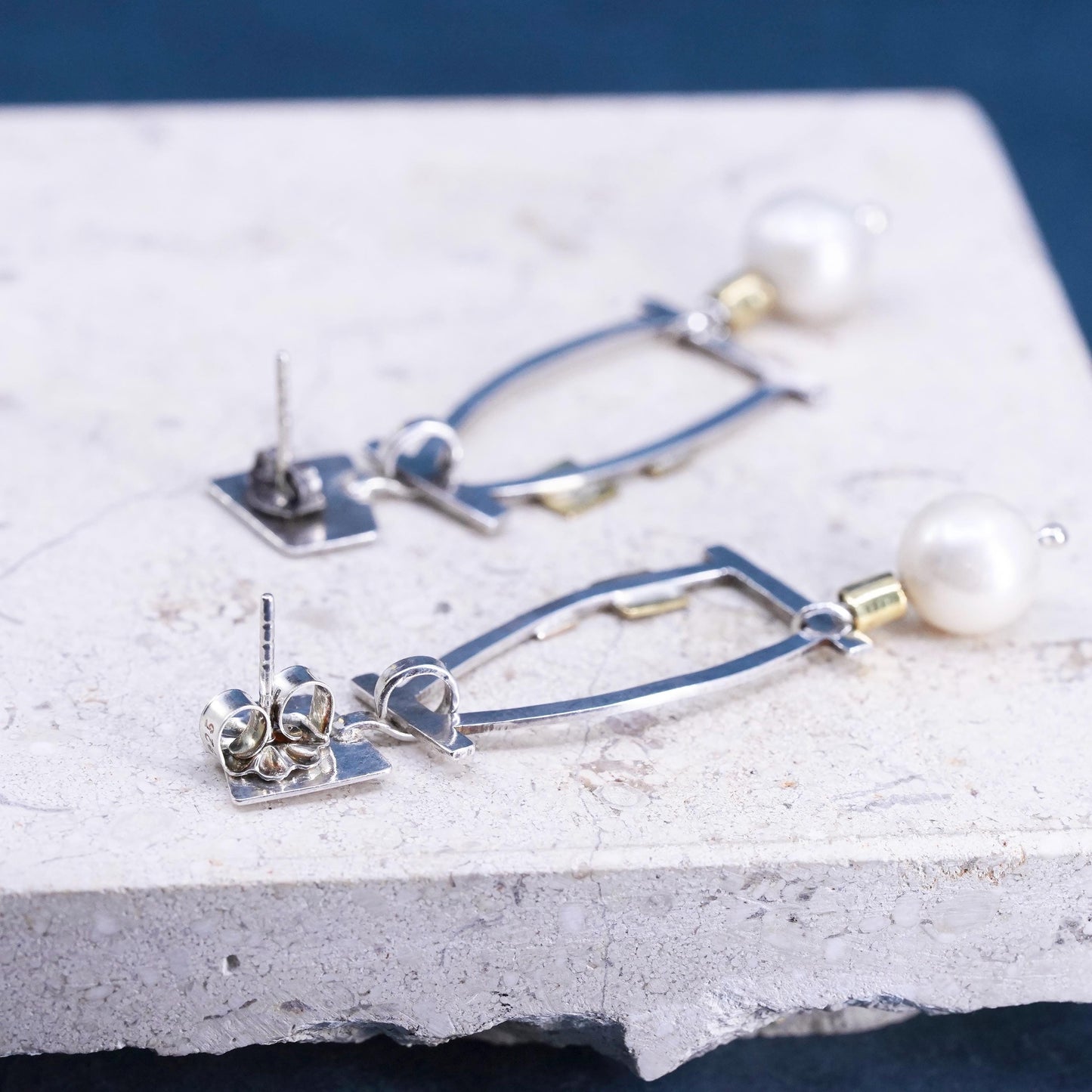 two tone sterling silver earrings, modern 925 silver with brass disc and pearl