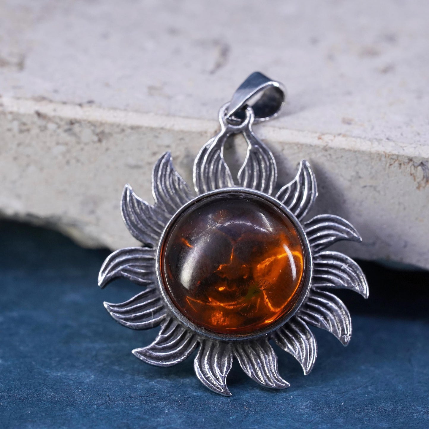 Vintage Sterling 925 silver handmade sun pendant with amber