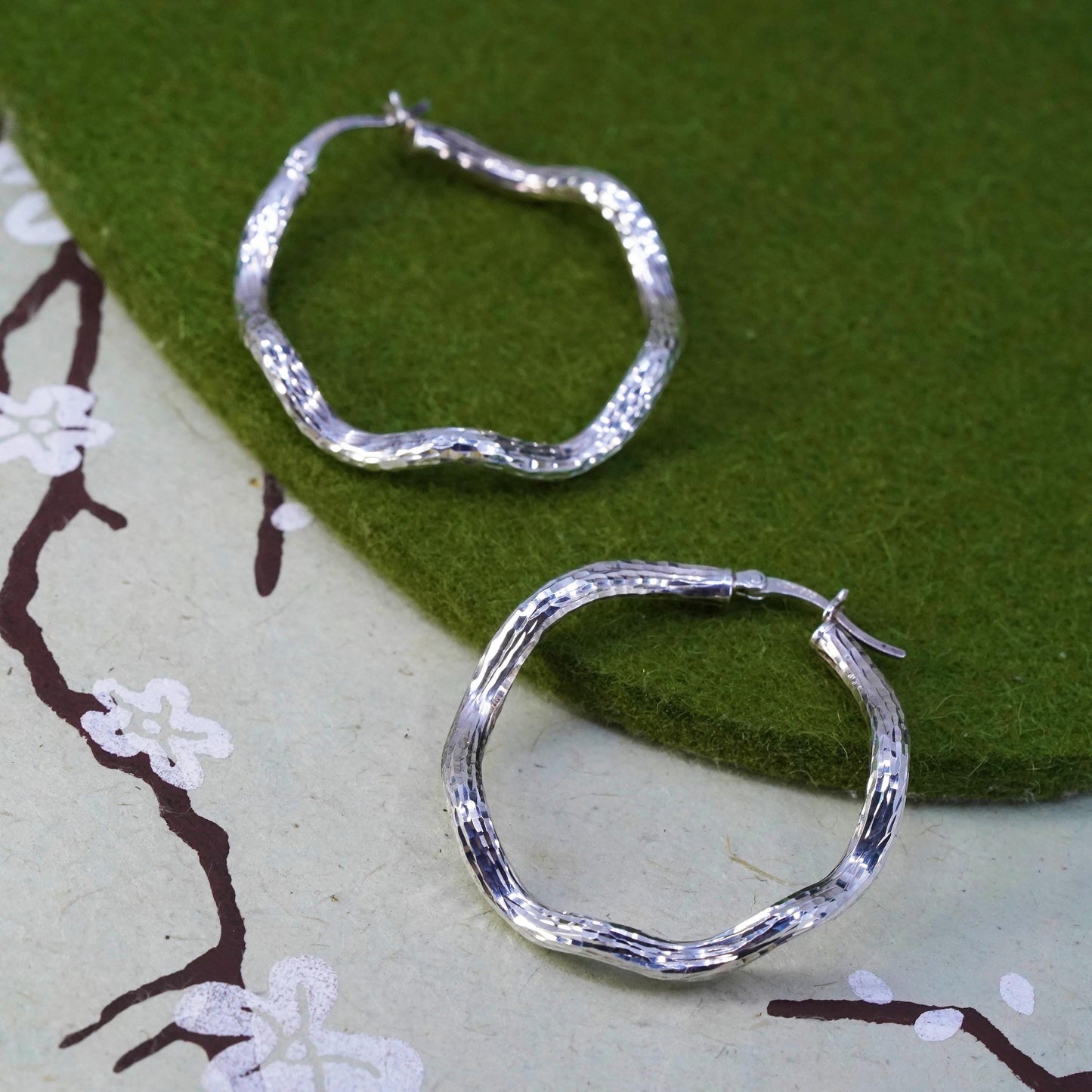 1.5”, VTG sterling silver loop earrings, textured minimalist primitive hoops