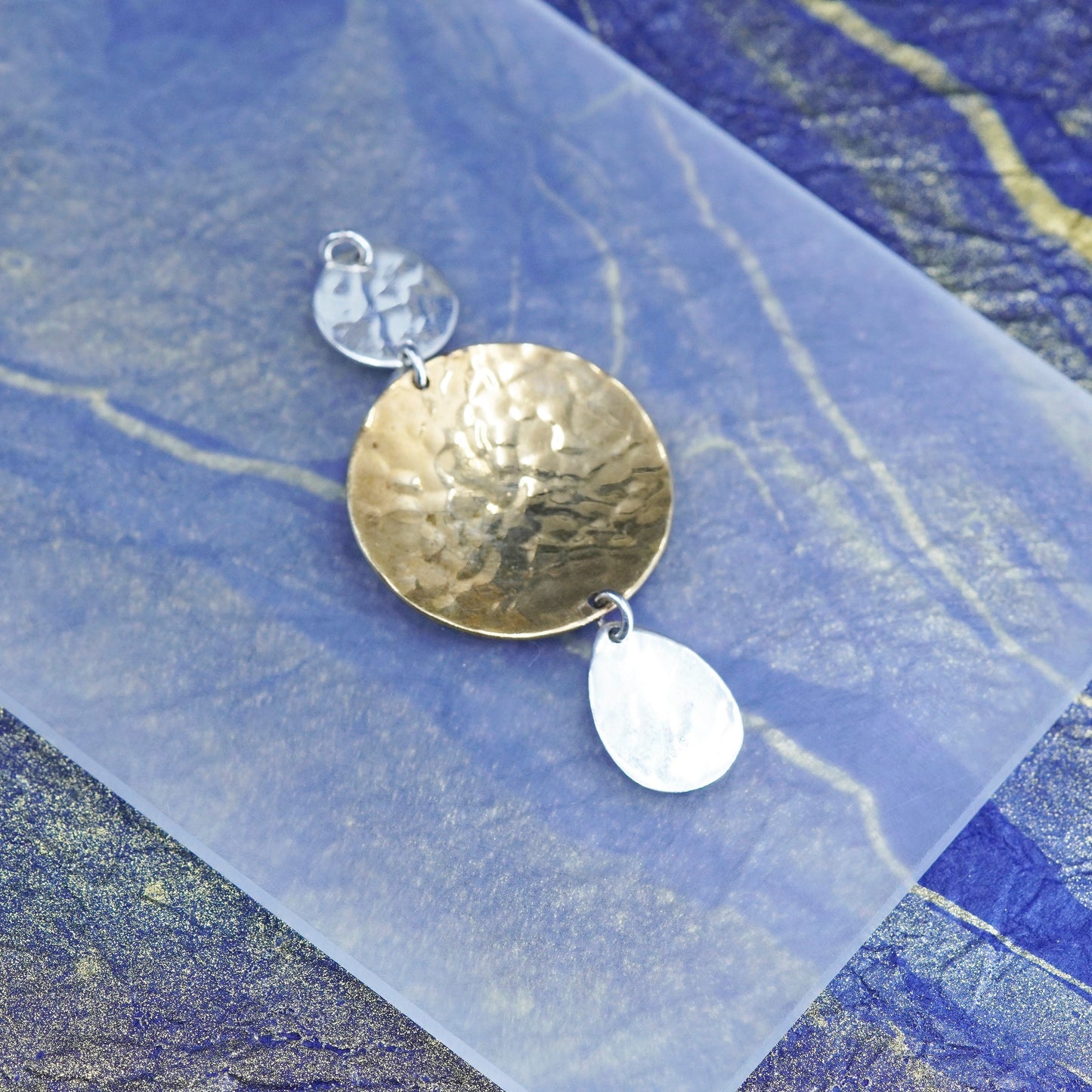 Vintage two tone sterling silver pendant, 925 Hammered circle and teardrop