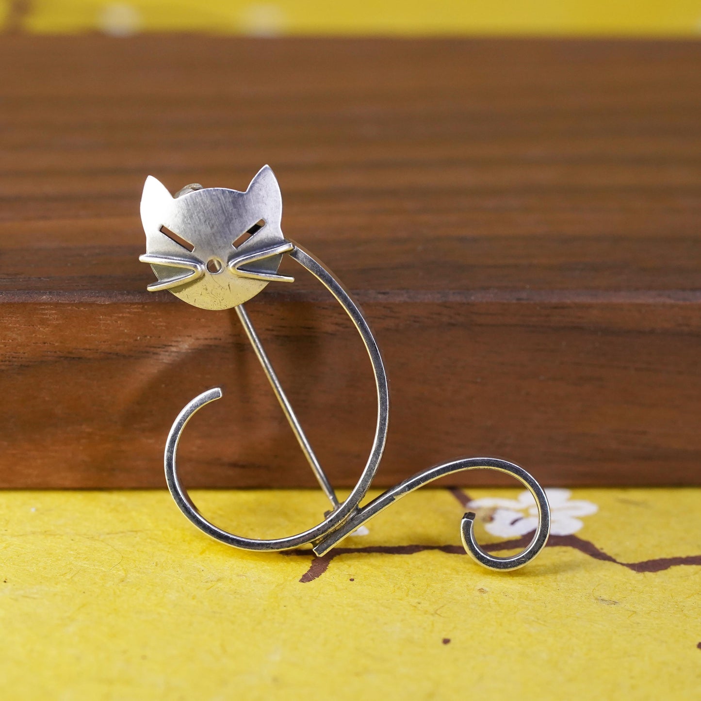 Vintage modern sterling 925 silver handmade kitty cat brooch pin