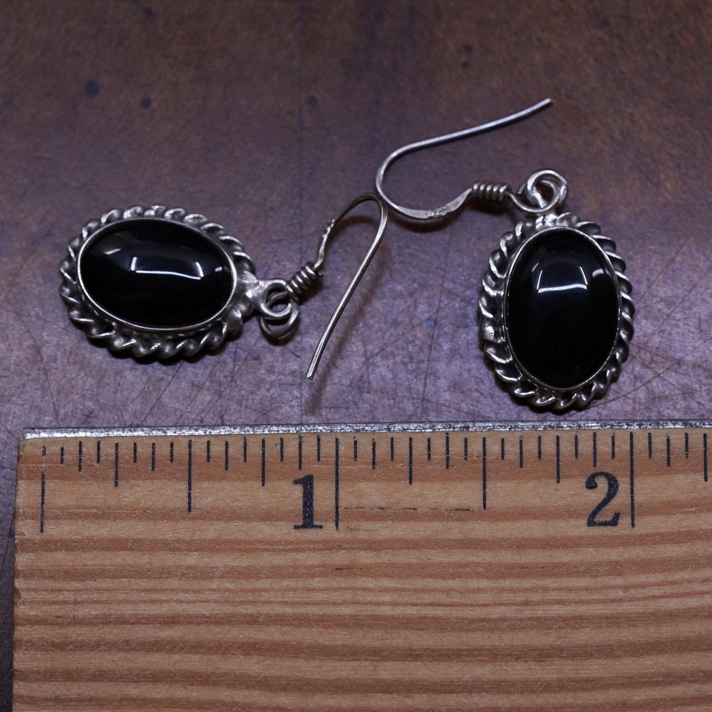 Vintage Sterling 925 Silver Handmade Earrings with oval onyx and cable around