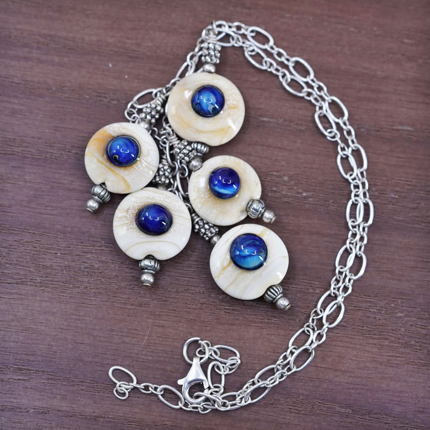 18”, sterling 925 Silver elongated chain necklace with shell evil eye pendants