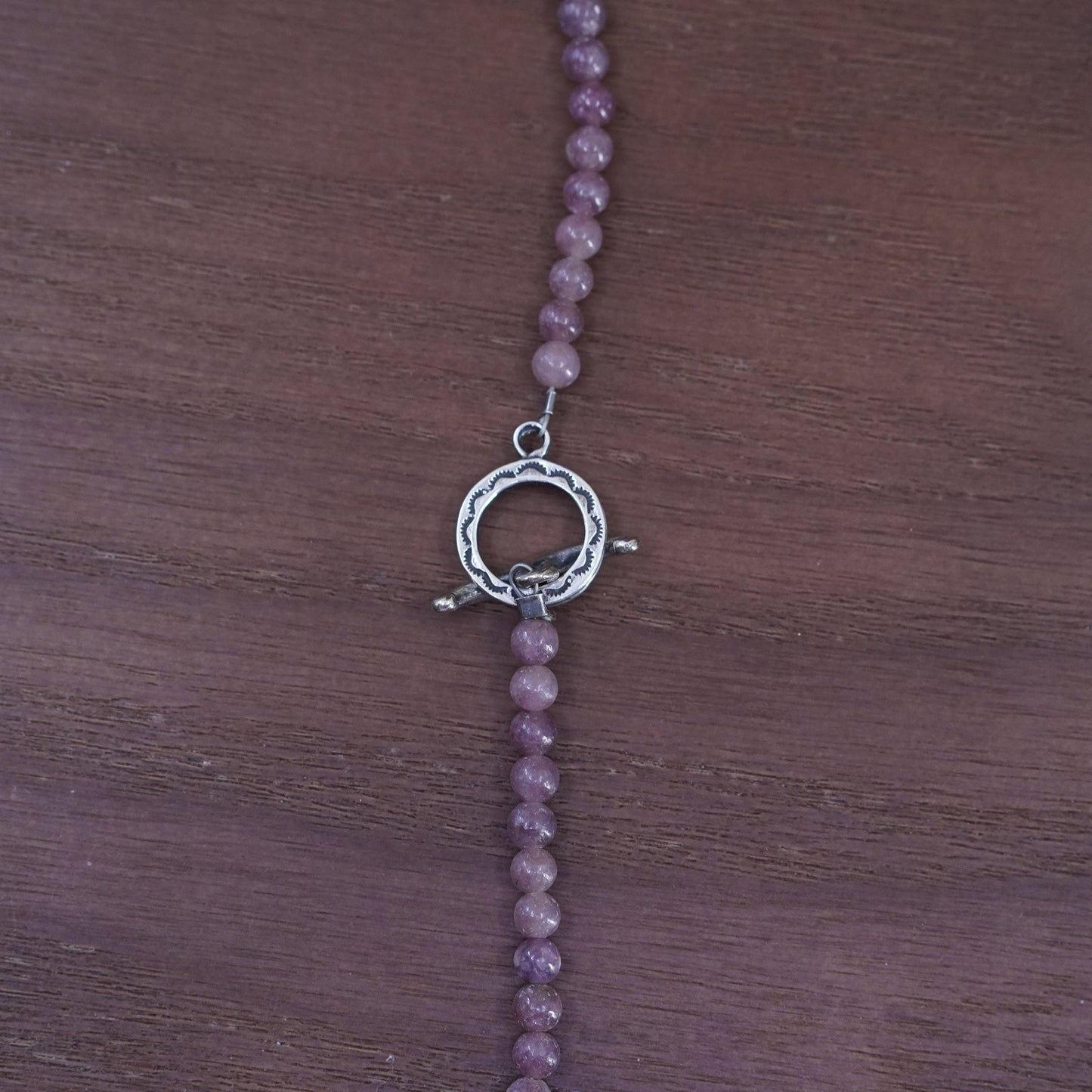 16”, sterling silver handmade necklace with amethyst beads and glass pendant