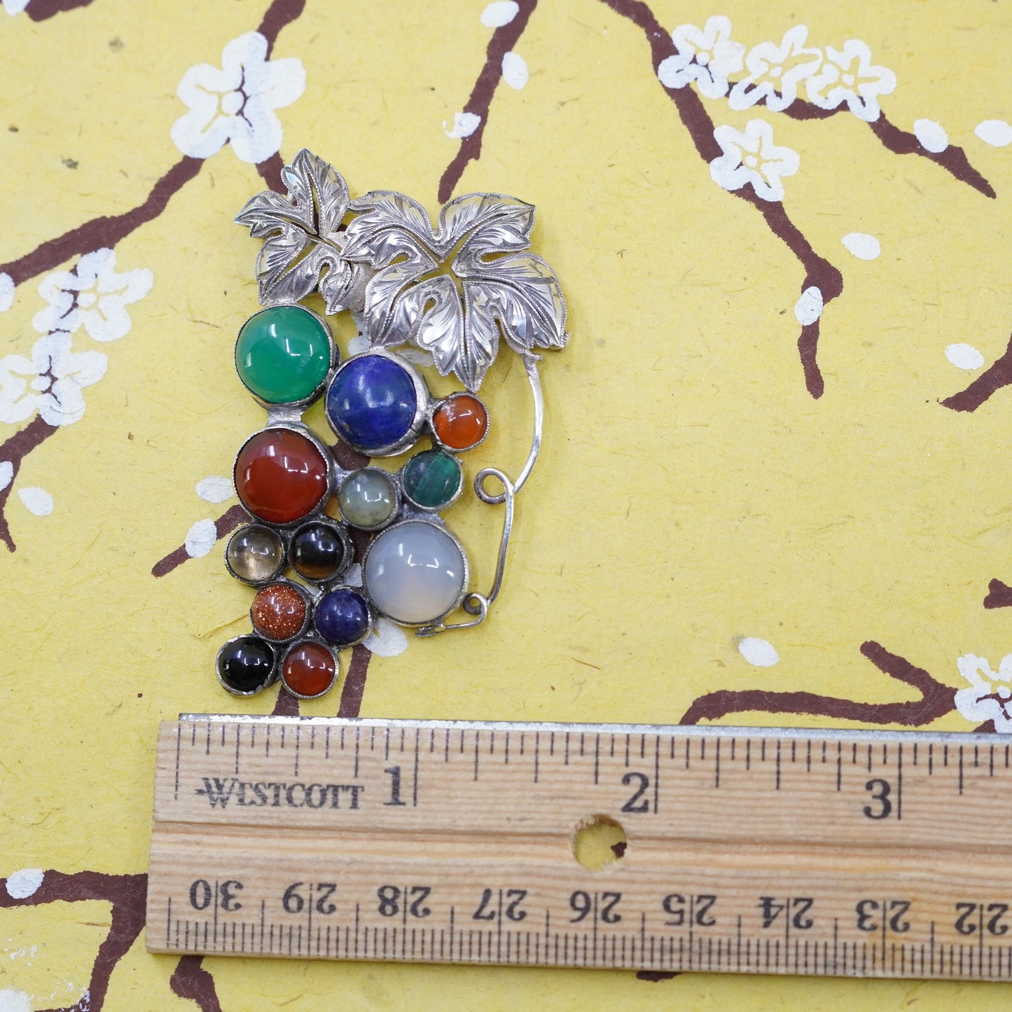 sterling 925 silver grapes vine brooch carnelian lapis jade rutilated quartz