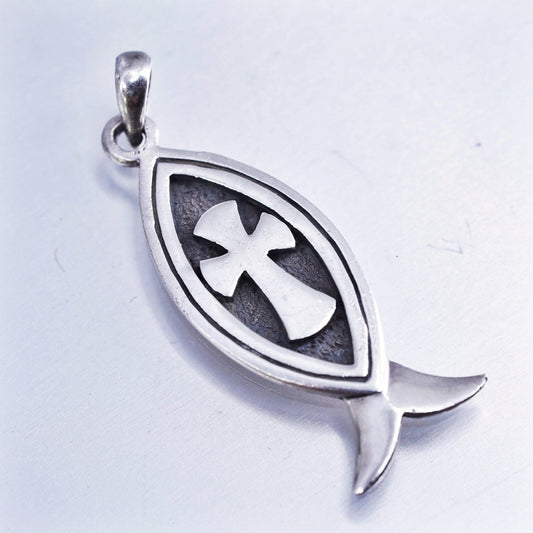 Vintage Sterling silver handmade charm, 925 fish cross pendant