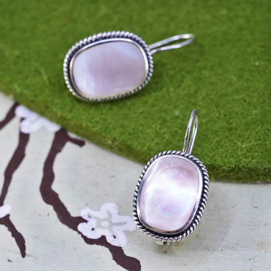 Vintage sterling 925 silver handmade earrings with pink mother of pearl cable