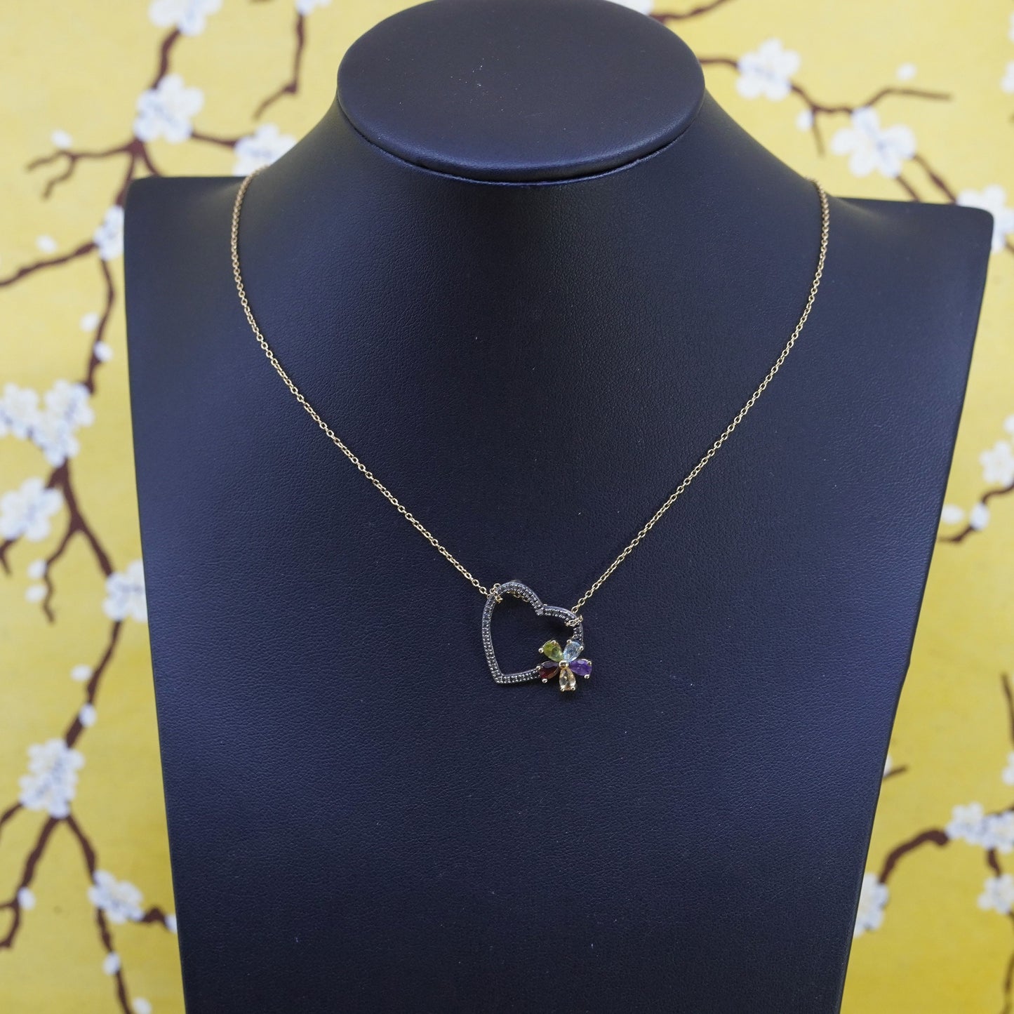 18”, vermeil gold over Sterling silver necklace, 925 chain heart pendant flower