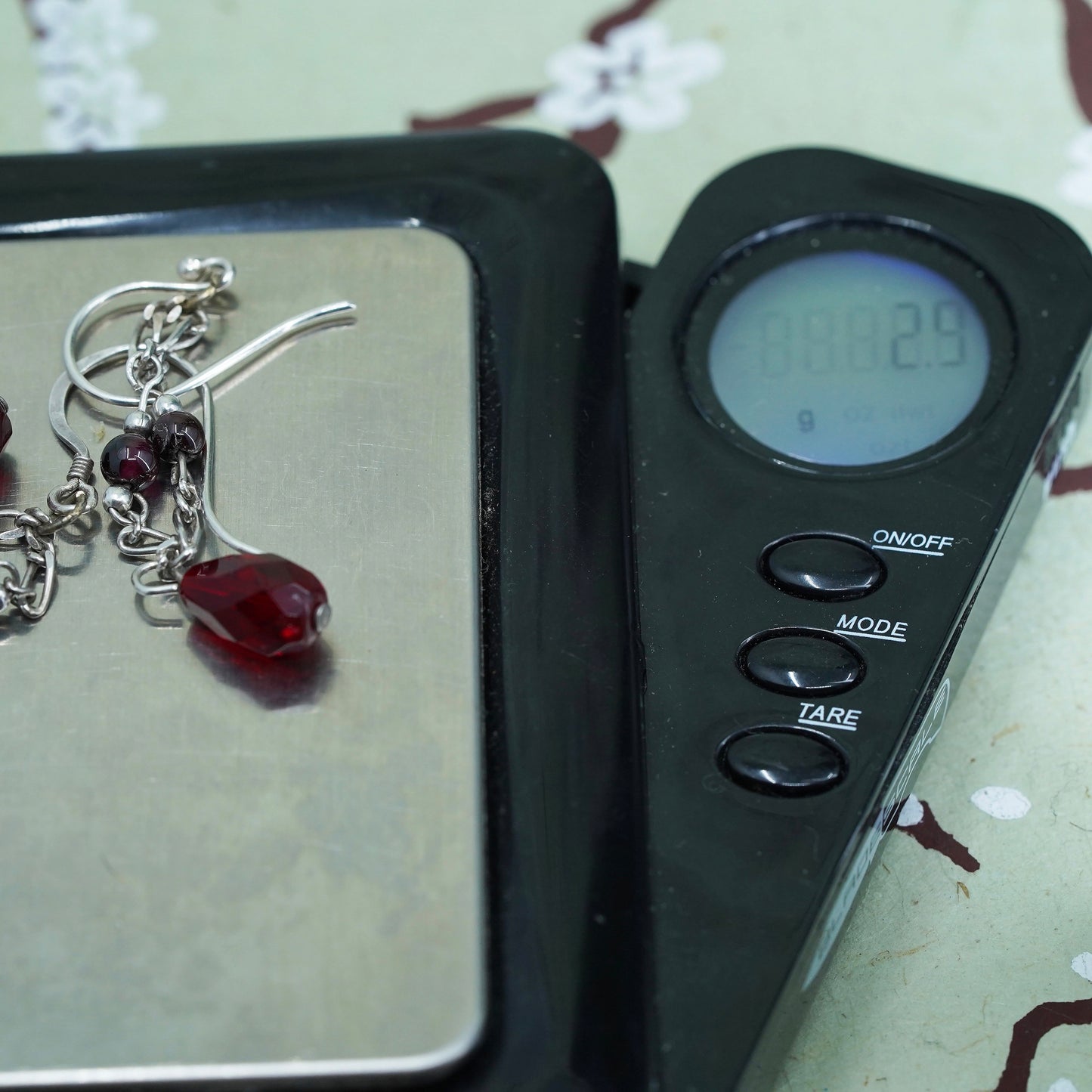 Vintage sterling 925 silver handmade chain earrings with teardrop garnet