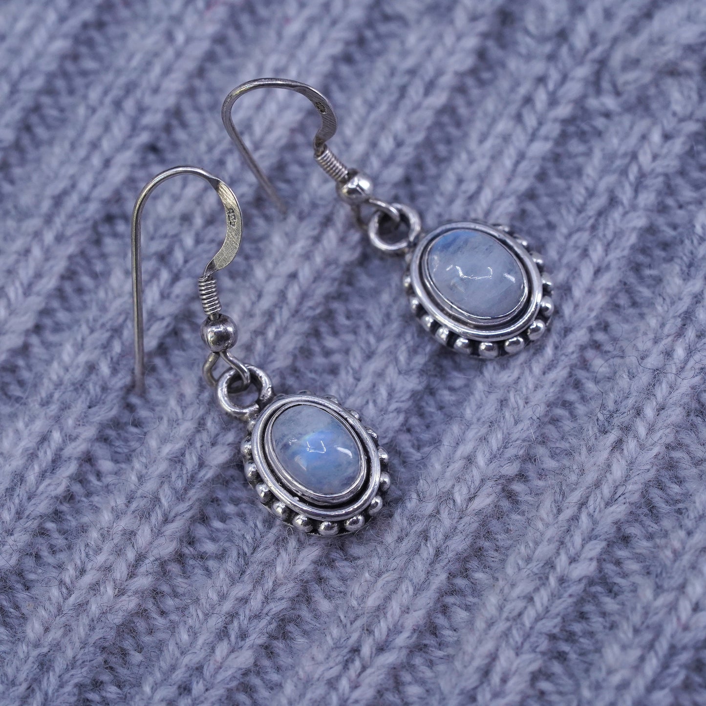 Vintage Sterling 926 silver handmade earrings with oval moonstone and beads