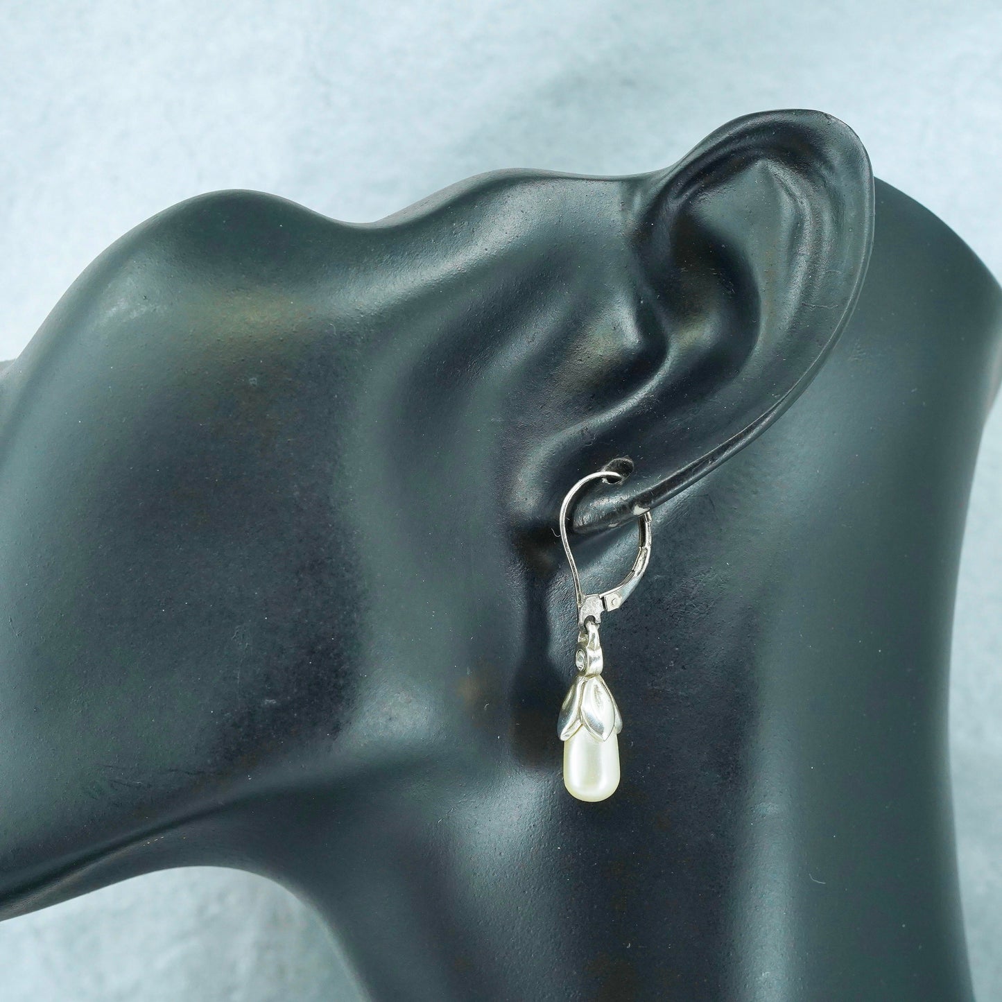 Vintage Sterling 925 silver handmade earrings with teardrop pearl and Cz