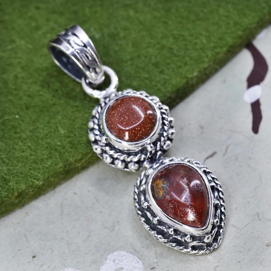 Vintage Sterling silver handmade pendant, teardrop jasper with goldstone cable