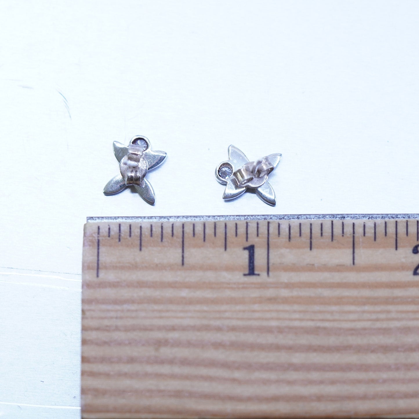 Vintage Sterling 925 silver handmade earrings, butterfly studs with Cz inlay