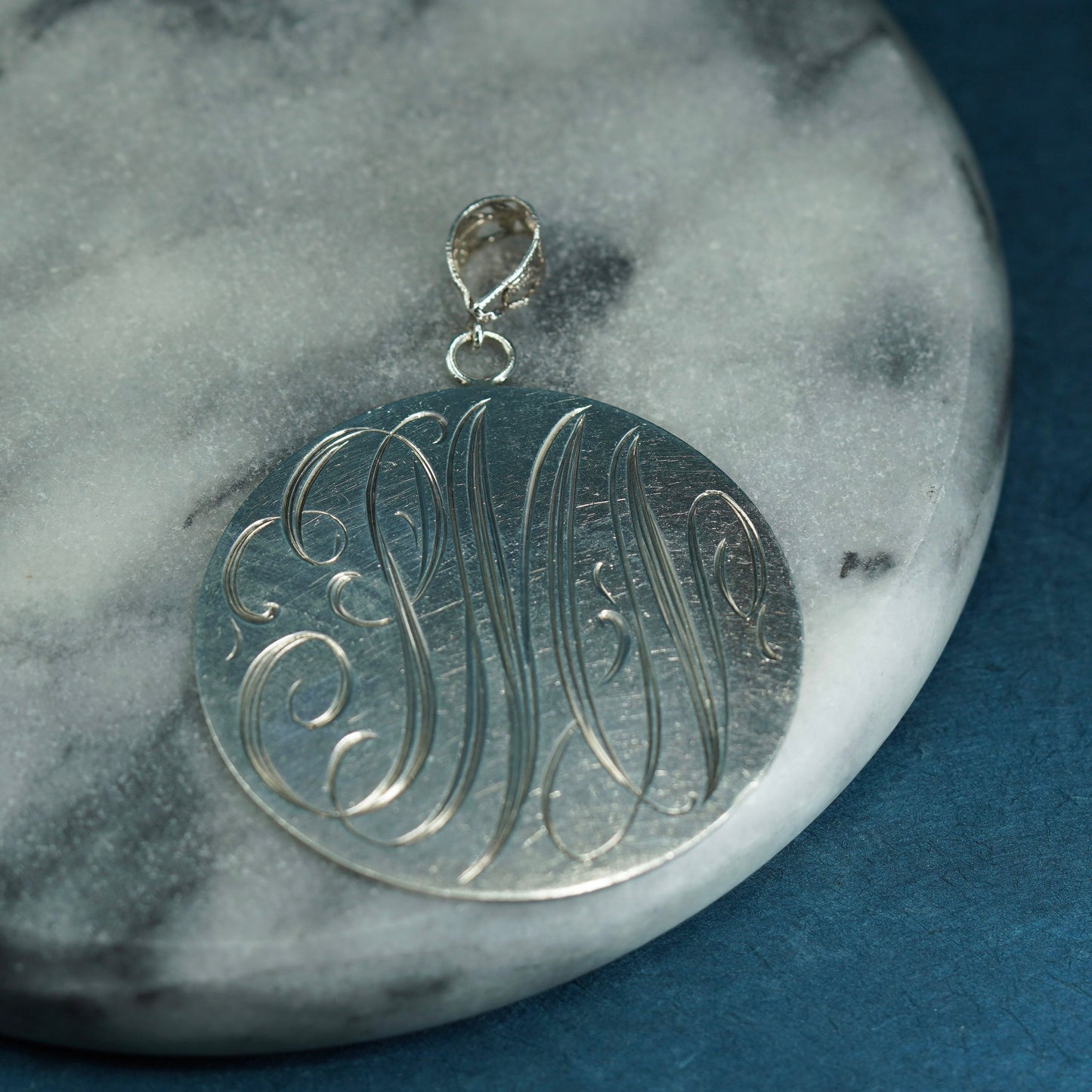 sterling silver handmade pendant, 925 huge circle laser engraved initial “PMV”