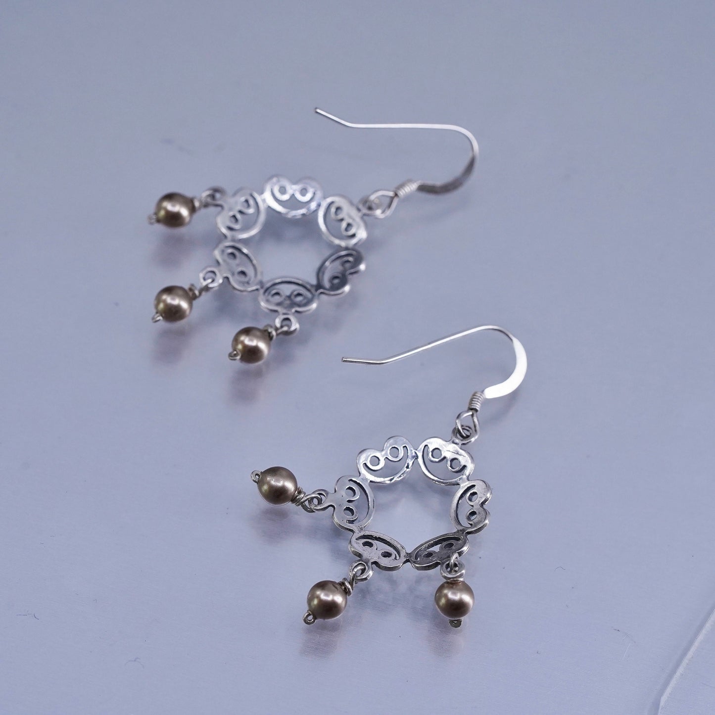 Vintage Sterling 925 silver handmade filigree earrings with pearl