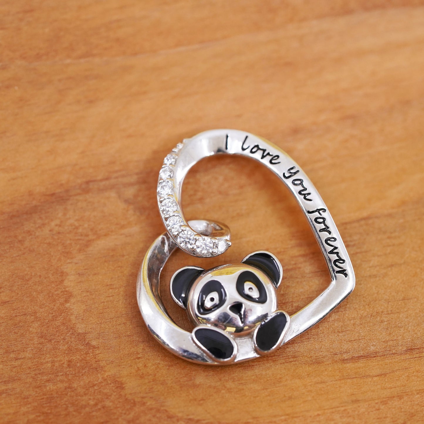 Vintage Sterling silver handmade pendant, 925 panda heart with enamel and CZ