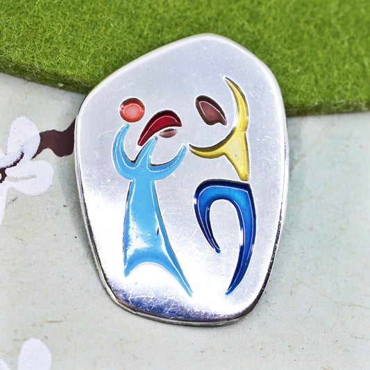 Vintage sterling 925 silver handmade enamel dancing couple brooch pin pendant