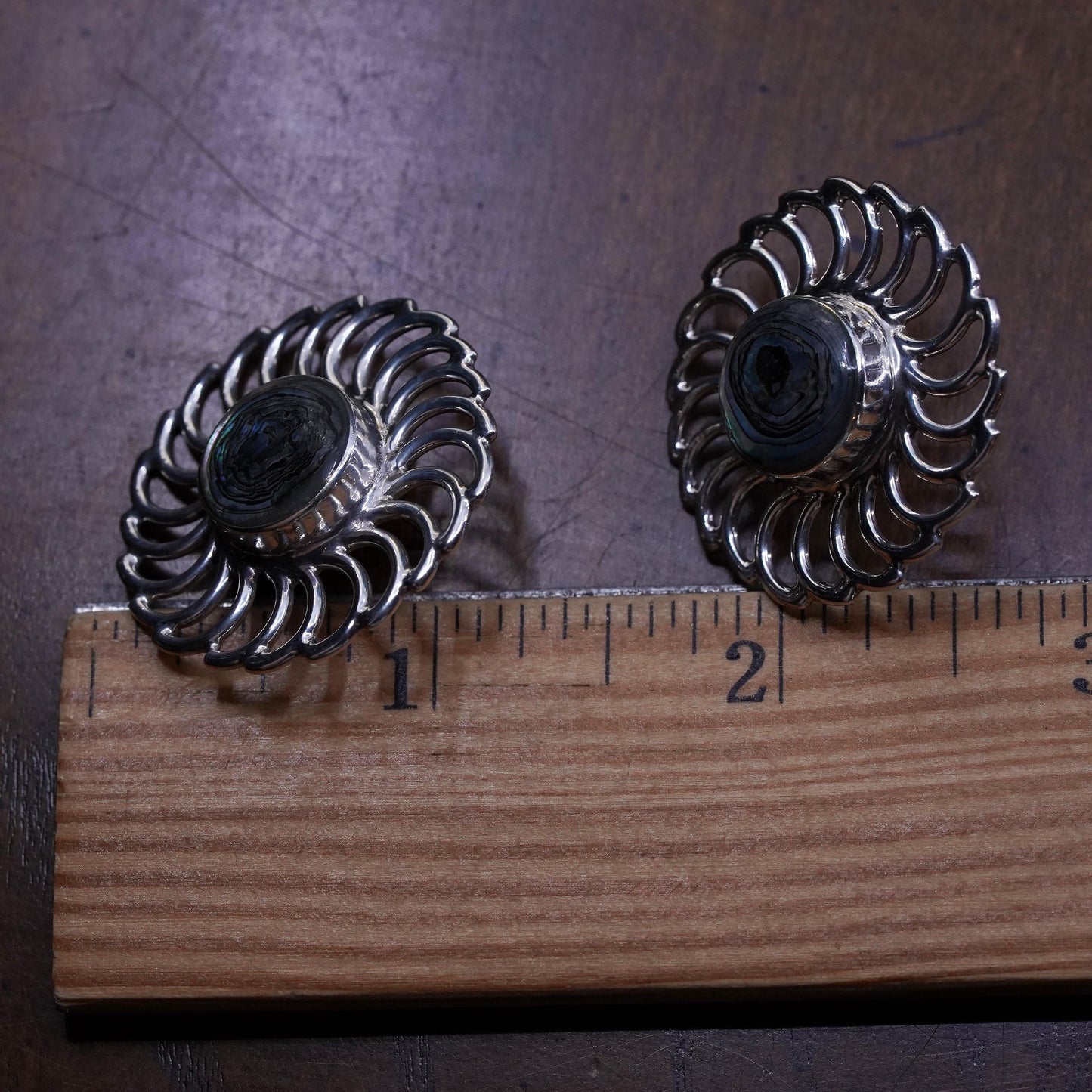 Vintage Mexican Sterling 925 silver handmade sun flower studs earrings abalone