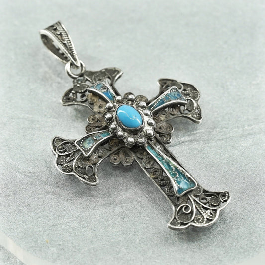 Vintage sterling 925 silver handmade filigree cross pendant with blue enamel