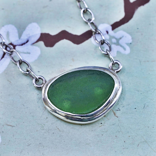 15+1", sterling silver oval link chain necklace green sea washed glass pendant